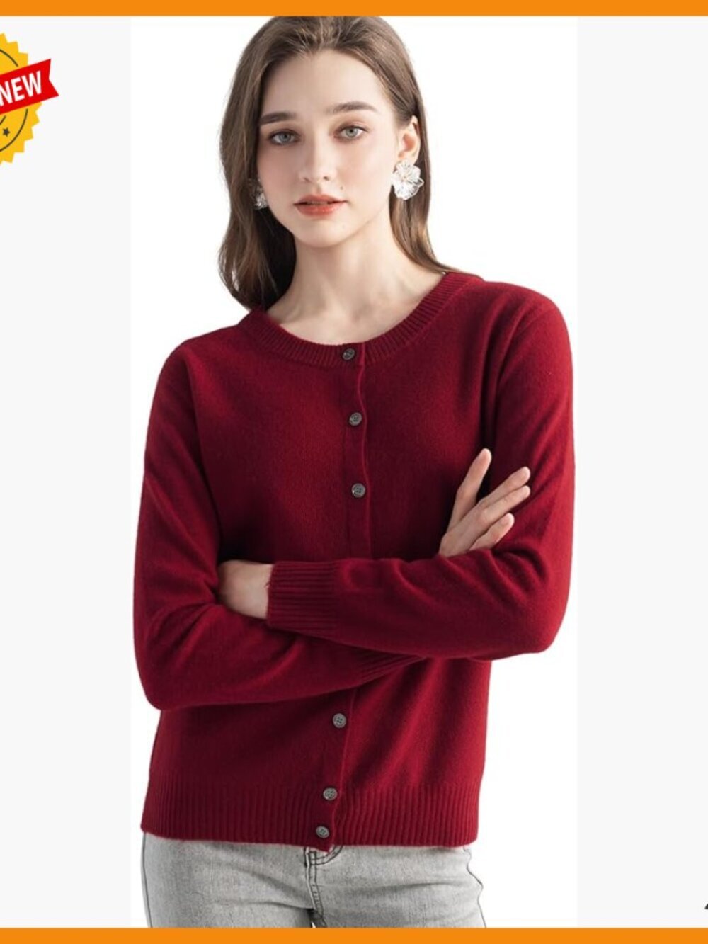 100% Pure Cashmere Cardigan Crew Neck Long Sleeve Soft Knit Sweater